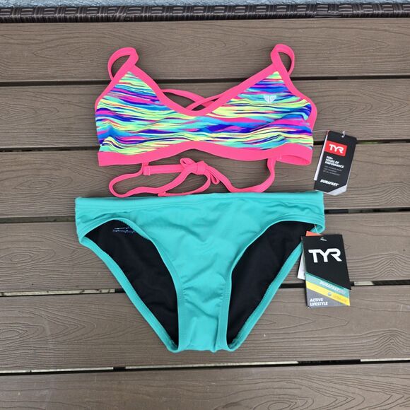TYR Durafast Crosscut Tieback Bonzai Blue/multi Solid Turquoise Bikini Sz S New - Picture 1 of 4